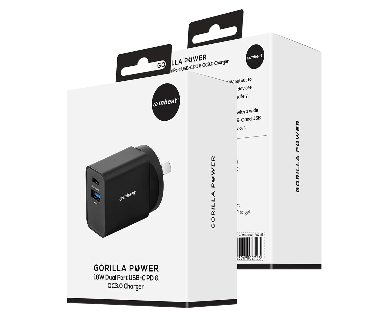 Gorilla Power 18W Dual Port USB-C PD & QC3.0 Charger