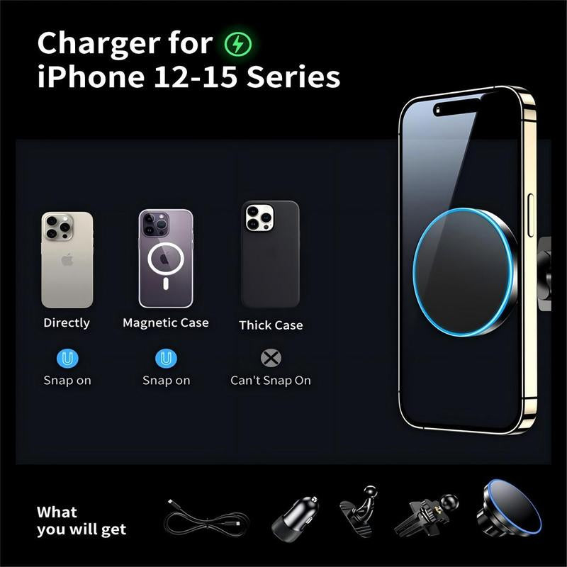 Magnetic Car Phone Holder, 1 Count 15W Magnetic Wireless Charging Phone Mount, Car Phone Holder Compatible with Iphone 15/14/13/12, Phone Stand