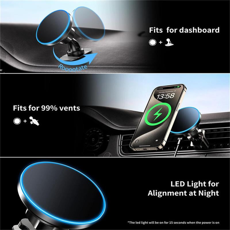 Magnetic Car Phone Holder, 1 Count 15W Magnetic Wireless Charging Phone Mount, Car Phone Holder Compatible with Iphone 15/14/13/12, Phone Stand