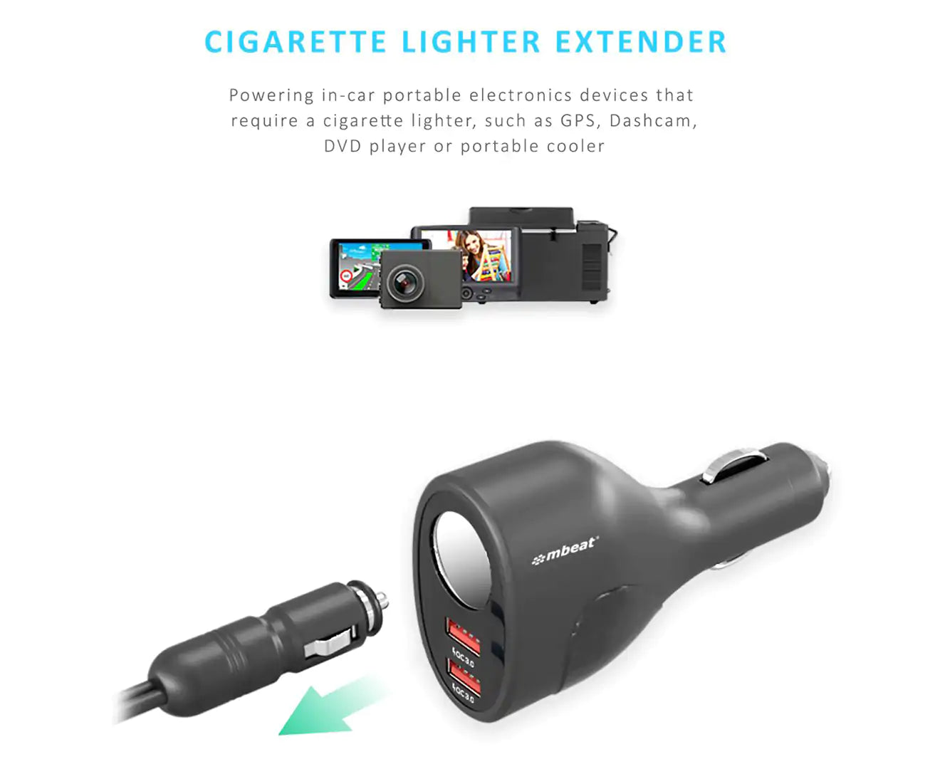 Dual Port USB Quick Car Charger W/ Cigar Lighter Socket